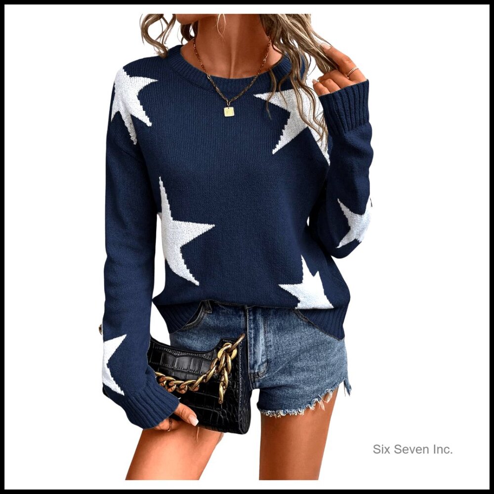 Star Pattern Crew Neck Drop Shoulder Casual Sweater Pullover Knitwear